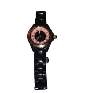 Vicence Swiss 14k Solid Rose Gold Bezel Black Ceramic Quarts Watch Gemstones